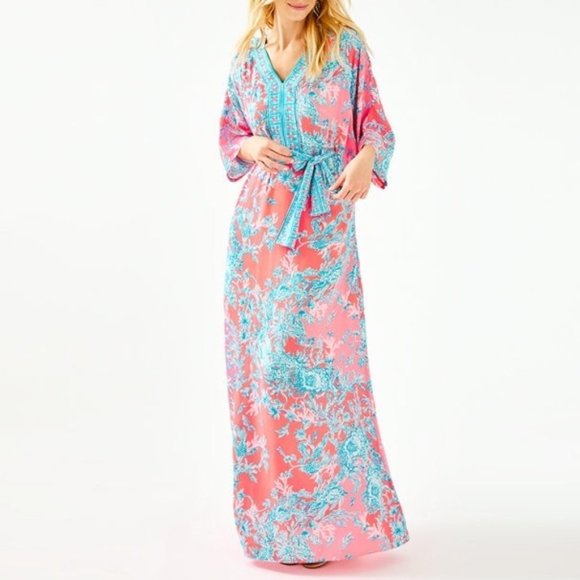 New Lilly Pulitzer Carmynn Maxi Caftan Coral Spritz Shelly Bay Maxi Dress - Picture 5 of 16